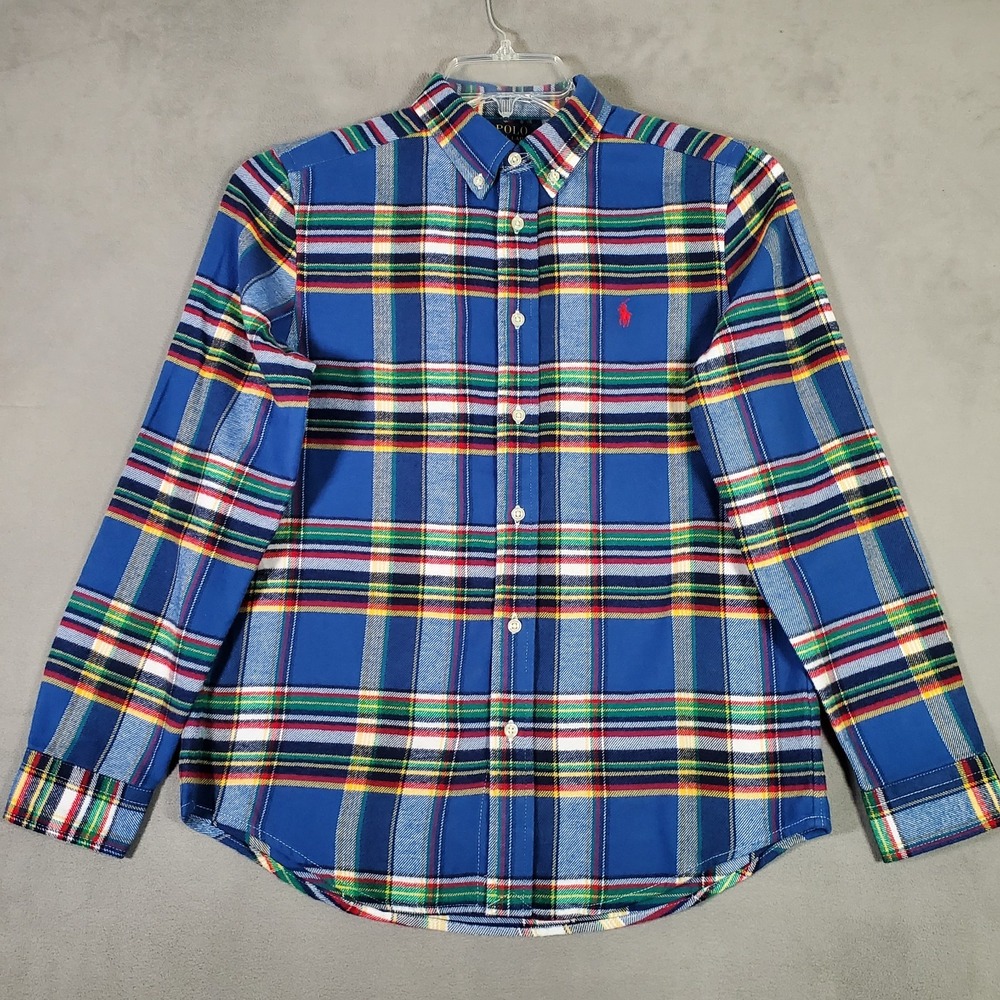 Polo Ralph Lauren Flannel Shirt Boys 14/16 Blue Plaid Performance Preppy NEW